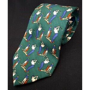 Jos A Bank Green Necktie with Print of Golfers 56" Silk Tie Hand Sewn in USA